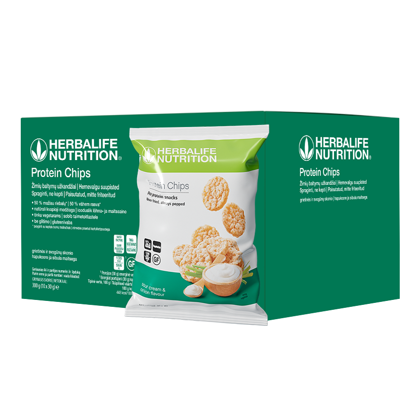 Herbalife skābā krējuma un sīpola proteīna čipsu iepakojums – veselīga bezglutēna uzkoda ar augstu olbaltumvielu saturu, piemērota veģetāriešiem.