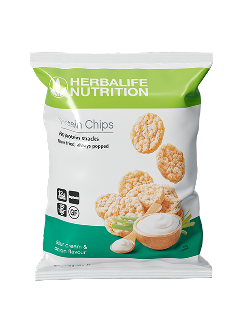Herbalife skābā krējuma un sīpola proteīna čipsi – veselīga bezglutēna uzkoda ar augstu olbaltumvielu saturu, piemērota veģetāriešiem.