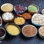 Dažādi augu valsts olbaltumvielu avoti – pupiņas, zirņi, lēcas, griķi un citi pākšaugi bļodiņās uz tumša fona