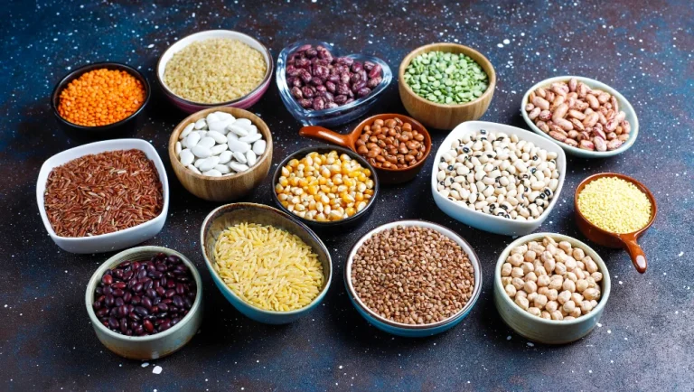 Dažādi augu valsts olbaltumvielu avoti – pupiņas, zirņi, lēcas, griķi un citi pākšaugi bļodiņās uz tumša fona