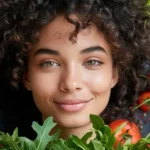 Sieviete ar cirtainiem matiem svaigu dārzeņu vidū – b12 vitamīns vegāniem