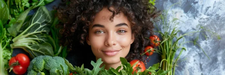 Sieviete ar cirtainiem matiem svaigu dārzeņu vidū – b12 vitamīns vegāniem