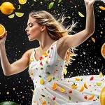 Vitamīni sievietēm – sieviete baltā kleitā ar citrusaugļiem gaisā, simbolizē veselību un enerģiju