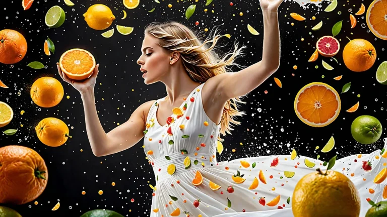 Vitamīni sievietēm – sieviete baltā kleitā ar citrusaugļiem gaisā, simbolizē veselību un enerģiju