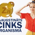 Sieviete satraukta ar roku pie galvas un uzrakstu “Paaugstināts cinks organismā” uz balta fona