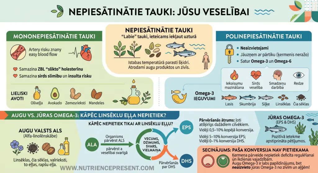 Nepiesātinātie tauki: mononepiesātināto un polinepiesātināto tauku avoti un ietekme uz veselību.