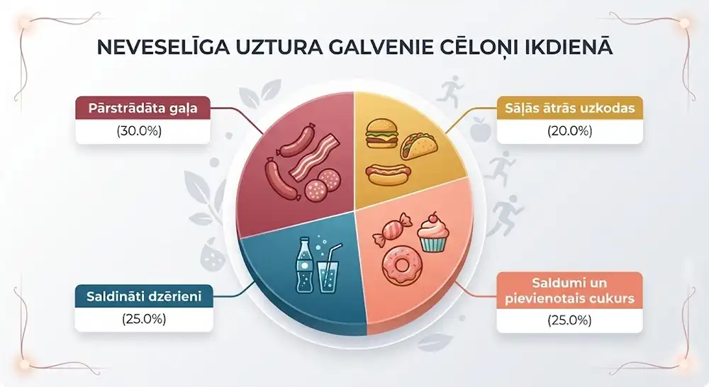 Infografika, kas attēlo neveselīga uztura galvenos cēloņus ikdienā